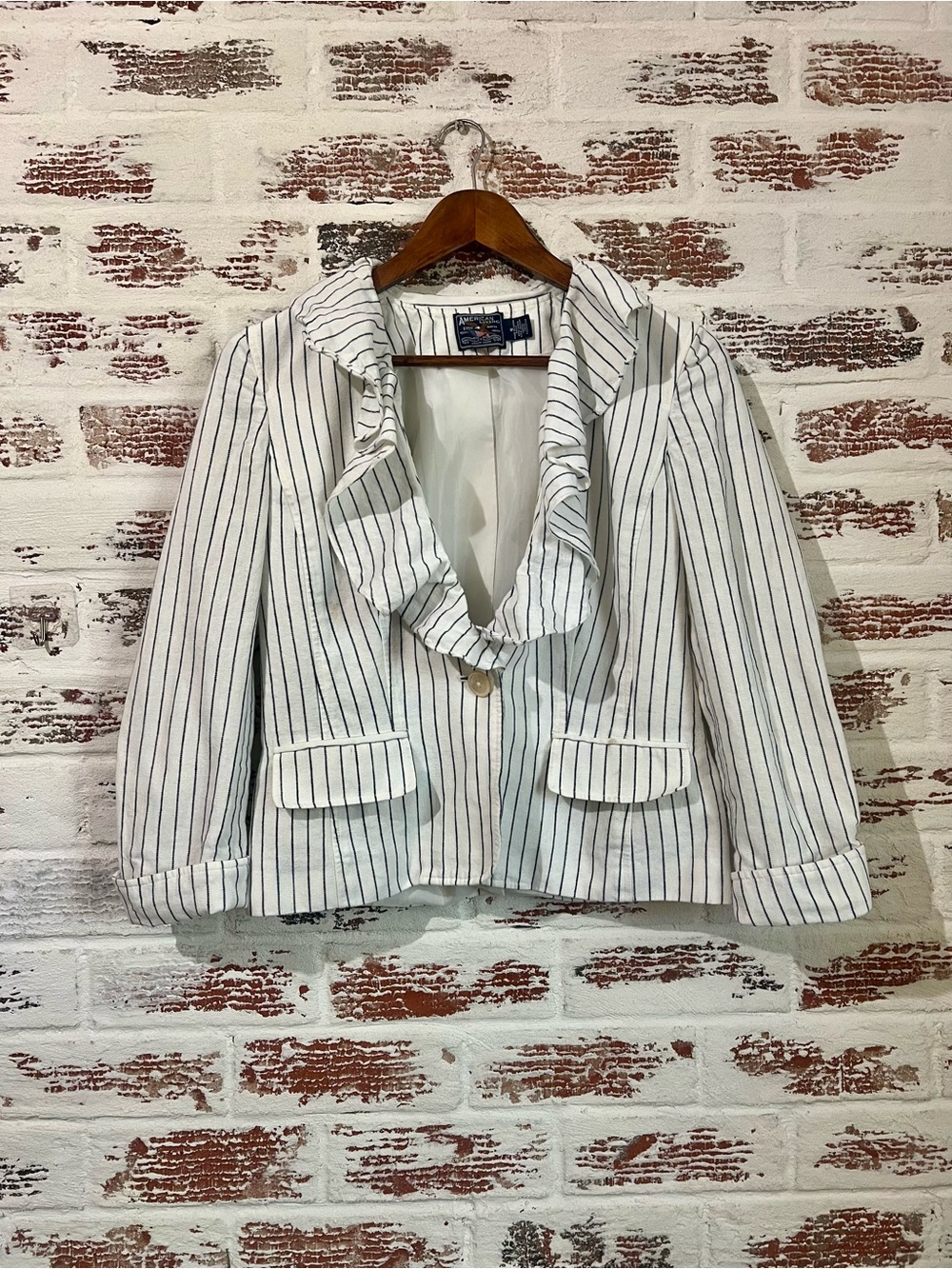 American Living Blazer Jacket Linen Blend Striped Ruffle Lined Long Sleeve Small